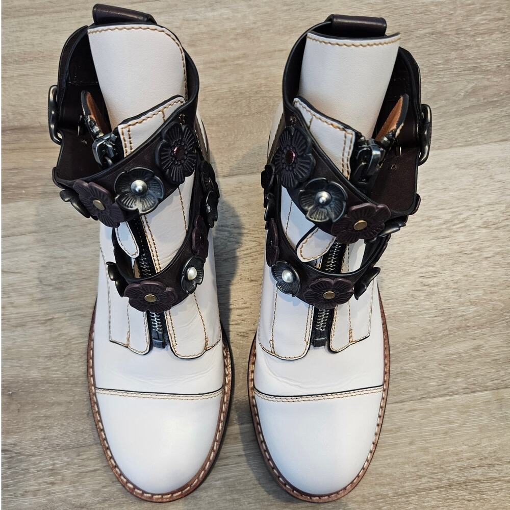 Coach Chalk Oxblood Moto Cutout Bootie 7B Buckle Flowers Mixed Metal Glam Casual - Picture 11 of 12